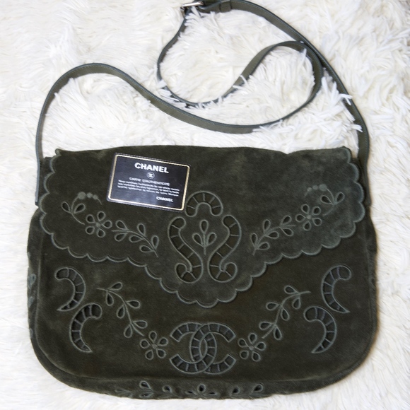 CHANEL Handbags - Chanel Green Khaki Floral Suede Messenger Bag